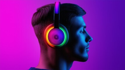 A man wearing headphones with a colorful design on them. The headphones are glowing and the man's face is in focus. Concept of excitement and energy, as if the man is fully immersed in his music