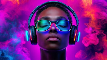 A woman wearing headphones and glasses is shown in a colorful background. Concept of relaxation and enjoyment, as the woman is listening to music or a podcast