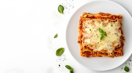 A realistic top view of a plate of Italian lasagna with layers of meat, cheese, and marinara sauce, served on a white background, italian food