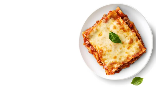 A realistic top view of a plate of Italian lasagna with layers of meat, cheese, and marinara sauce, served on a white background, italian food