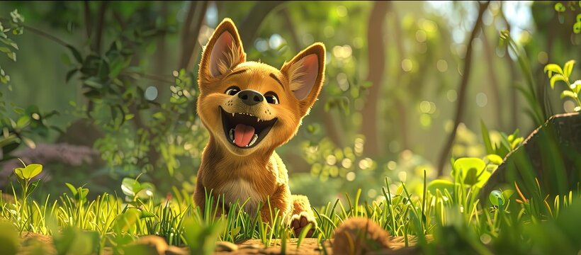 dingo 3D animation cartoon style, colorful, happy, friendly, 3d cartoon, nature, outdoors 