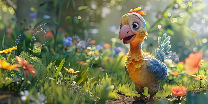 dodo bird 3D animation cartoon style, colorful, happy, friendly, 3d cartoon, nature, outdoors