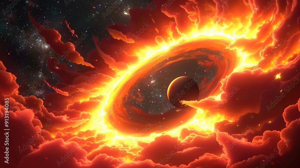 Wall mural   A painting of a black hole in the sky, encircled by clouds and featuring a vibrant orange ring at its center