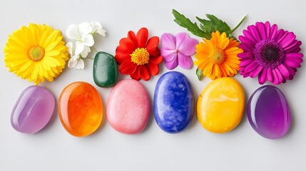 A row of colorful stones and flowers are arranged together. The stones are of various colors and sizes, and the flowers are of different types and colors. The arrangement creates a sense of harmony