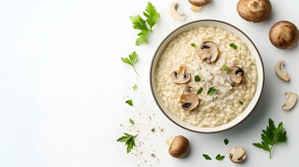 A realistic top view of a serving of Italian risotto with mushrooms and Parmesan cheese, garnished with fresh herbs, arranged on a white background, italian food.