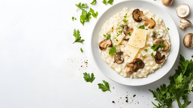 A realistic top view of a serving of Italian risotto with mushrooms and Parmesan cheese, garnished with fresh herbs, arranged on a white background, italian food.
