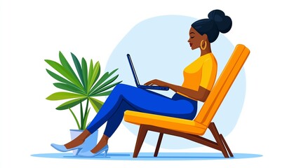 Fototapeta premium A woman is sitting on a yellow chair and using a laptop. She is wearing a yellow shirt and blue jeans. The chair is placed in front of a potted plant. Concept of relaxation and productivity
