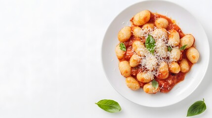 A realistic top view of a plate of Italian gnocchi with a rich tomato basil sauce and grated Parmesan, set against a white background, Italian food