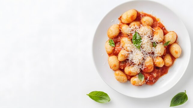 A realistic top view of a plate of Italian gnocchi with a rich tomato basil sauce and grated Parmesan, set against a white background, Italian food
