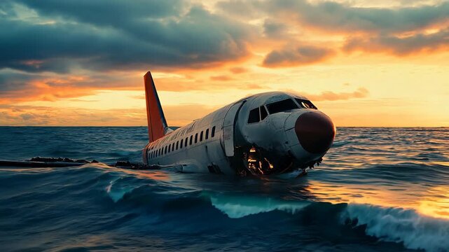 Airplane ruins in the sea. Crashed plane wreck in ocean. Aviation disaster and air accident concept. Abandoned wrecked aircraft. Exploration and adventure concept