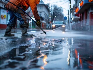 Obraz premium City Worker Spraying Water on Road to Clean Street During Daytime in Urban Area