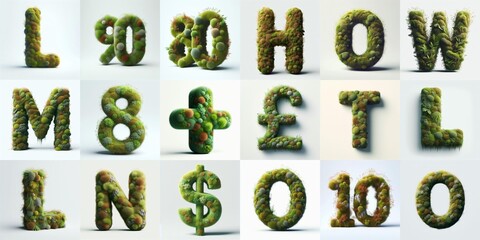 Grass and moss Lettering Typeface. AI generated illustration