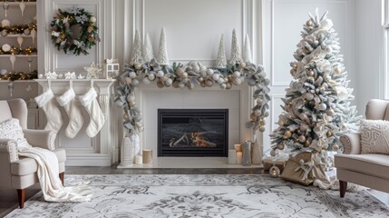 holiday home decor, cozy fireplace, stockings, and beautifully decorated tree in a warm white christmas banner for a welcoming festive touch