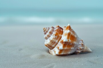A single, pristine shell on a beach against a pale blue background, each detail delicately highlighted. The simplicity emphasizes the shell's natural beauty.