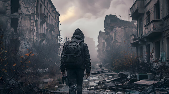 A post-apocalyptic survivor scavenging through ruins.