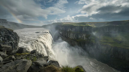 A powerful waterfall surrounded by towering cliffs with mist rising and a rainbow forming.