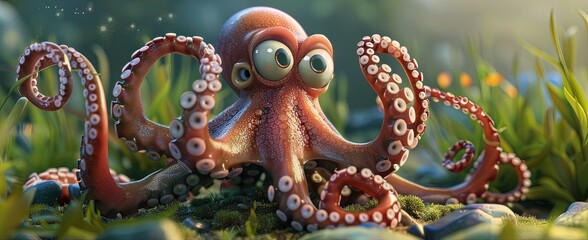 Obraz premium octopus 3D animation cartoon style, colorful, happy, friendly, 3d cartoon, nature, outdoors 
