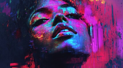 A stunning portrait of a female model with vibrant neon colors reflecting on her face, exuding a bold and modern atmosphere.