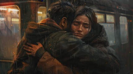 Fototapeta premium A couple is hugging each other in the rain. The man is wearing a blue jacket and the woman is wearing a white jacket. They are both holding back their hair and have backpacks on