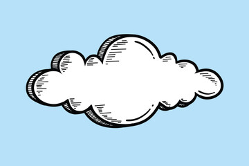 Vector Hand Drawn Cloud Isolated on Blue Sky Background. Cartoon cloud in retro style. Clouds Set in Hand Drawn Vintage Retro Style Cartoon Clouds design elements. Engraving Style illustrations.