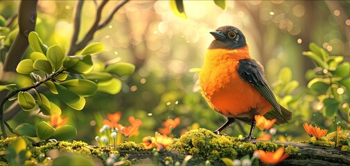 oriole 3D animation cartoon style, colorful, happy, friendly, 3d cartoon, nature, outdoors 