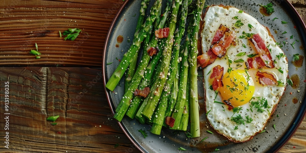 Poster grilled asparagus with bacon and egg sauce on a plate top view with room for text