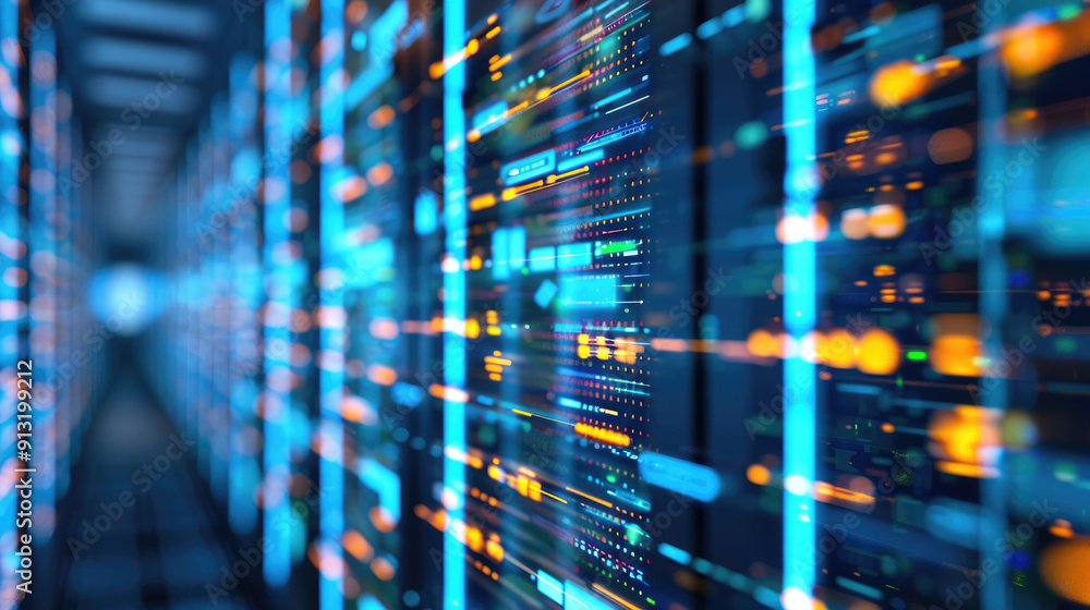 Poster digital corridor in cyber space or futuristic ai data center, abstract tech background. perspective 