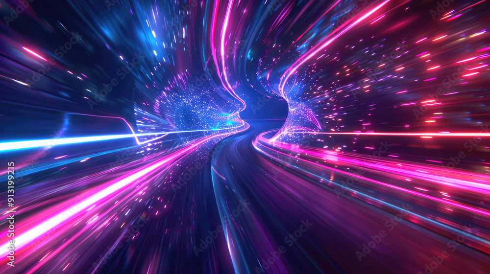 Poster abstract multicolored curve lines in dark space, perspective fast light trails in cyberspace. digita