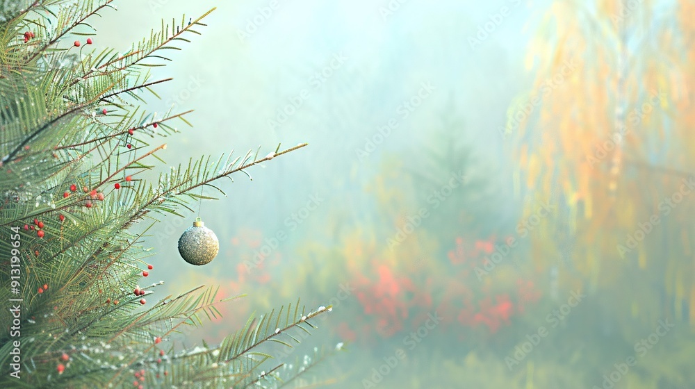 Poster a detailed image of a pine tree with an ornament in the foreground and a hazy background