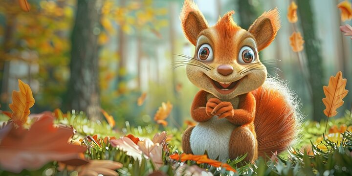 squirrel 3D animation cartoon style, colorful, happy, friendly, 3d cartoon, nature, outdoors 