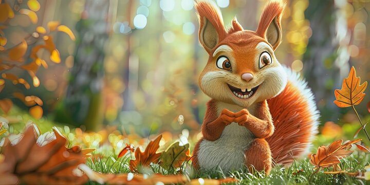 squirrel 3D animation cartoon style, colorful, happy, friendly, 3d cartoon, nature, outdoors 