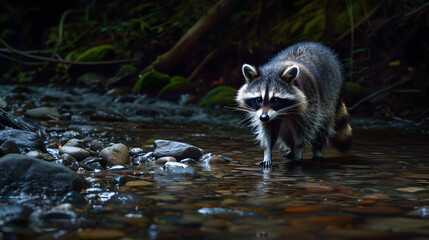 A raccoon scavenging by a forest stream at night its eyes reflecting the moonlight.