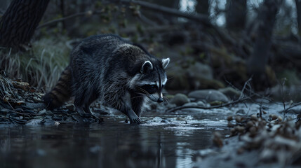 A raccoon scavenging by a forest stream at night its eyes reflecting the moonlight.