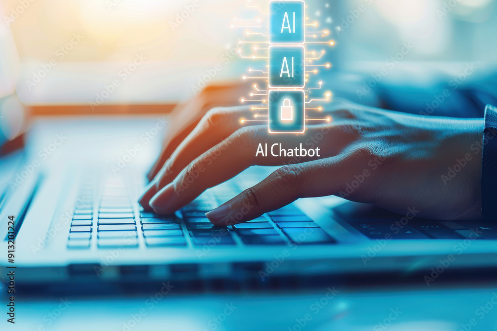 Poster fingers typing on a laptop keyboard with ai chatbot icons, representing digital communication and ad
