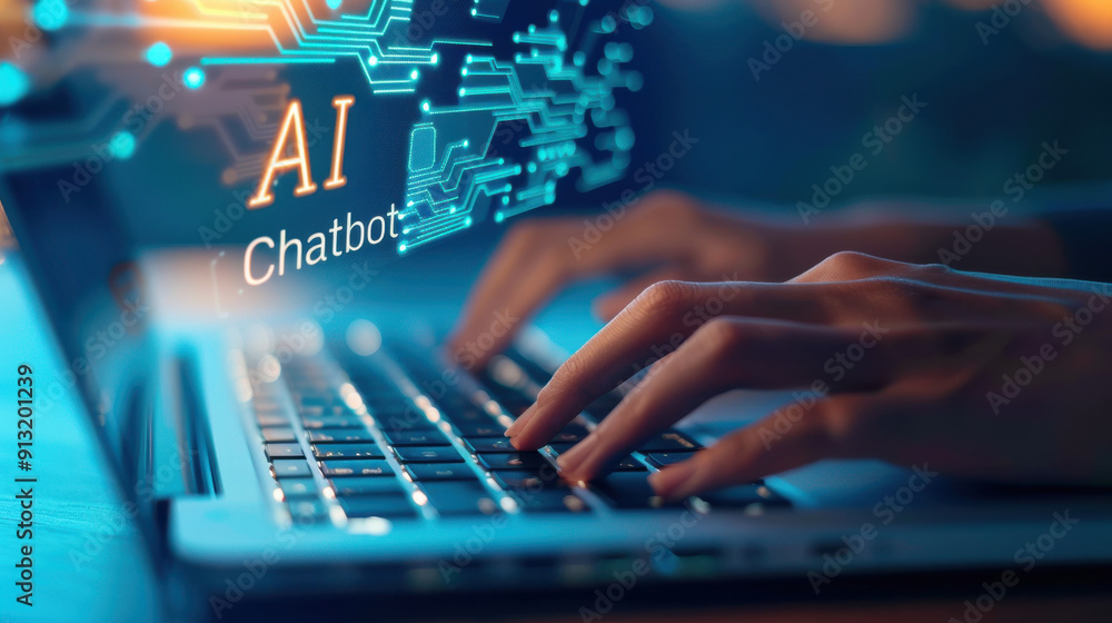 Poster fingers typing on a laptop with a focus on ai chatbot interface, illustrating modern technology and 