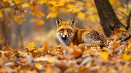 A red fox hunting in a dense forest its fur blending with the autumn leaves.