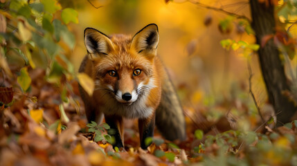 Fototapeta premium A red fox hunting in a dense forest its fur blending with the autumn leaves.