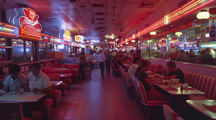 A retro diner with neon signs and customers in booths enjoying milkshakes 1971.