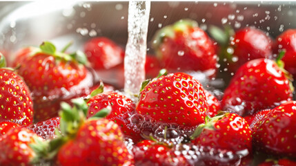 Fresh strawberries being washed under running water, showcasing their vibrant color and juicy texture, perfect for healthy recipes.