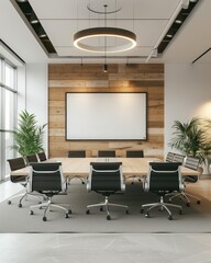 Empty modern meeting room with long table, black chairs, plants, large windows and white mock up rectangle on brown wooden wall in bright office