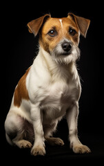 Full body shoot close up studio portrait Jack Russell dog isolated on black background, faithful pet