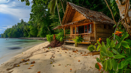 A rustic bamboo cabin on a secluded beach surrounded by tropical flora.