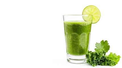 A realistic face view of a green smoothie with spinach, kale, and apple in a clear glass, garnished with a slice of lime and placed on a clean white background