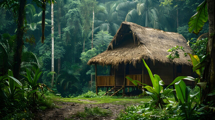 A rustic jungle cabin with a thatched roof surrounded by dense rainforest and wildlife.