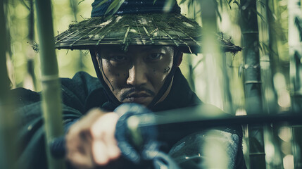 A samurai in a bamboo forest during a duel.