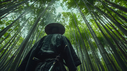 A samurai in a bamboo forest during a duel.