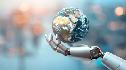 A robotic hand gently holds the Earth, symbolizing the connection between technology and our planet's future.