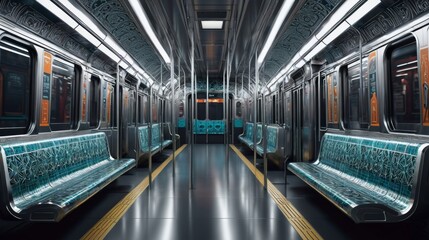 Obraz premium Subway Car With Green Seats and Black Floor
