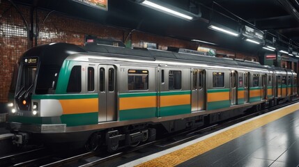 Naklejka premium Green and Yellow Train Pulling Into Train Station