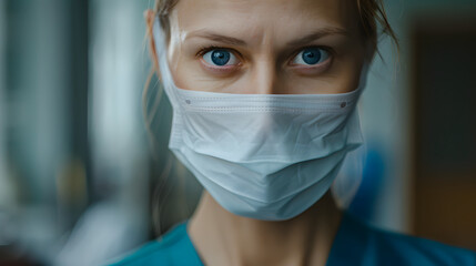 Detailed shot of a focused female surgeon in scrubs and surgical mask lowered 